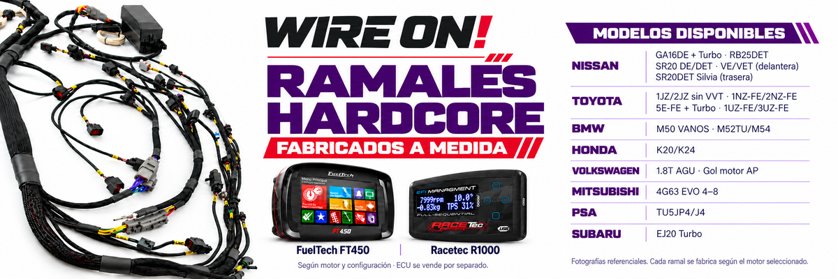 Ramales HARDCORE fabricados a medida. Opciones FuelTech FT450 y Racetec R1000; ECU se vende por separado.